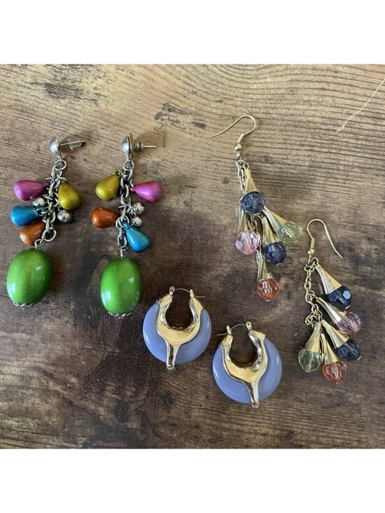 Vintage Jewelry - Vintage 90s Earrings Lot 3 Pairs Dangle Dangly Hoops Statement Colorful Pierced